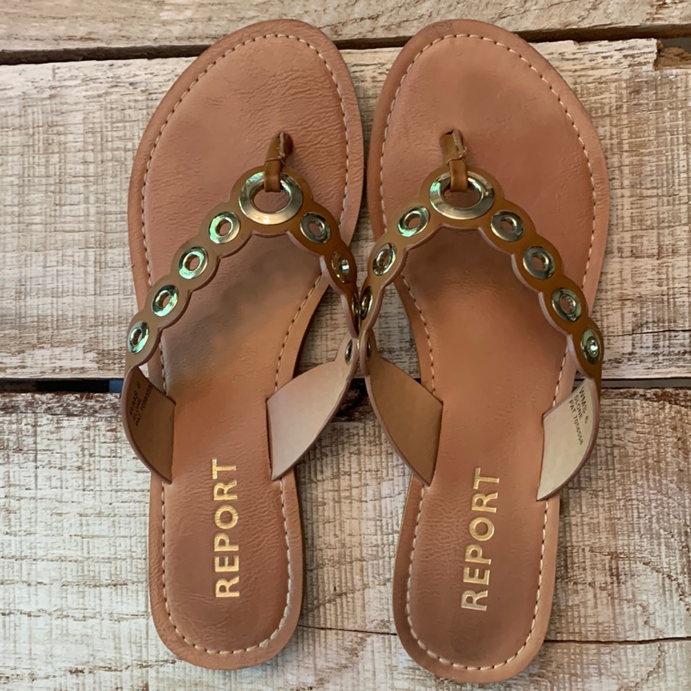 Report sandals tan with gold circles